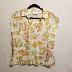 Cynthia Rowley L Top Linen Jersey Knit Tropical Coastal Beach Cruise Vacation